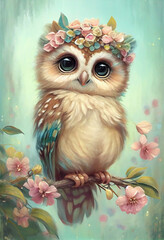 Obraz premium Whooo could resist this adorable baby owl surrounded by pastel flowers in a dreamland? 🦉🌸💫