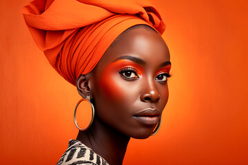 Beautiful young woman wearing traditional African head wrap on brown background. Generated AI