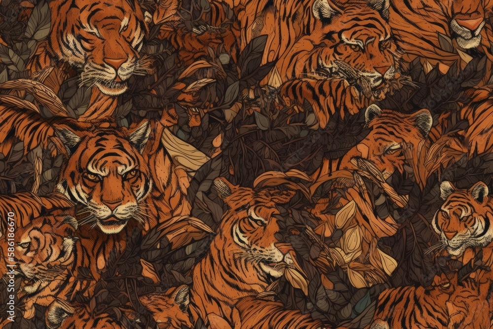 Poster illustration of multiple tigers roaming in a forest created with generative ai technology