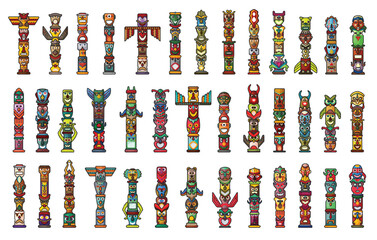 Totem vector color set icon. Vector illustration set tribal mask. Isolated color icon traditional totem on white background . - obrazy, fototapety, plakaty