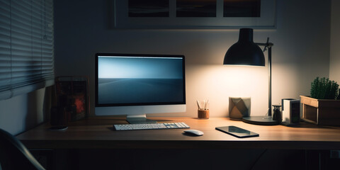 Monitor and lamp on the desktop. AI generated