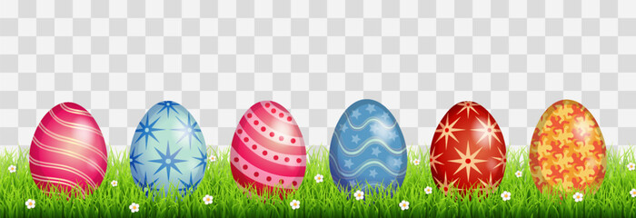 Set of Happy Easter eggs. Cute Easter eggs hidden in the grass. Vector Illustration isolated on png background. Spring holiday concept.
