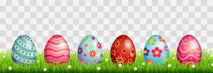 Set of Happy Easter eggs. Cute Easter eggs hidden in the grass. Vector Illustration isolated on png background. Spring holiday concept.
