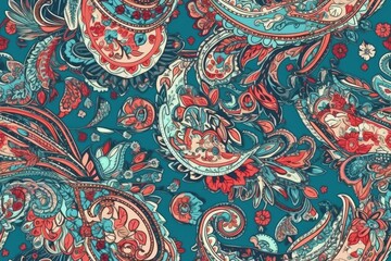 vibrant paisley print fabric in shades of blue and red created with Generative AI technology