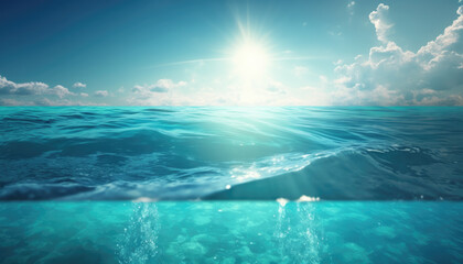 Sea wave background, low angle view. View from water, view of a clear blue sky and sun. Sea or ocean wave close-up view, cross section. Blue clean water, drinking water. Generative ai illustration