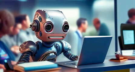 team of people and robots.Training of robots and artificial intelligence. Robot works behind laptops on blurred office with people background.Robot work with people.ai Generated