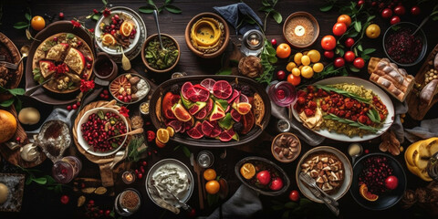 Fototapeta premium A variety of food on a wooden table, top view. AI generated