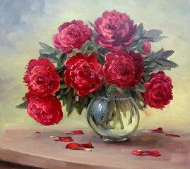 red peonies in a glass vase