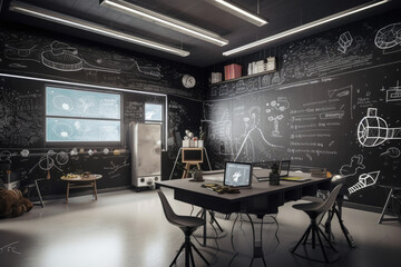 Futuristic school classroom with augmented reality projected in a electronic blackboard, generative AI	