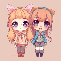Adorable two cute anime girl. Generative ai