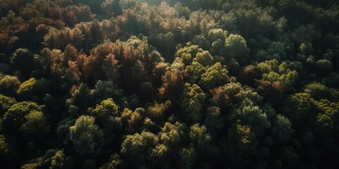 Naklejka na ściany i meble Aerial top view of forest trees. View of the forest from a bird's eye view. Generative AI 