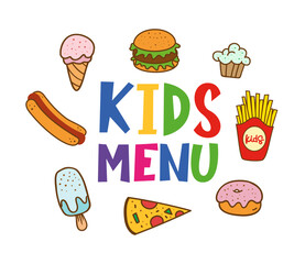 Kids menu. Logo set for banner, flyer, poster design. Meal menu vector template. Kids food concept. Cute colorful illustration. Children nutrition logo symbol. Funny label kids food menu.