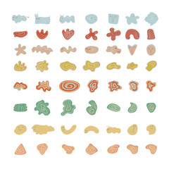Funny abstract doodle face and shape set. Colorful creative graphic elements.