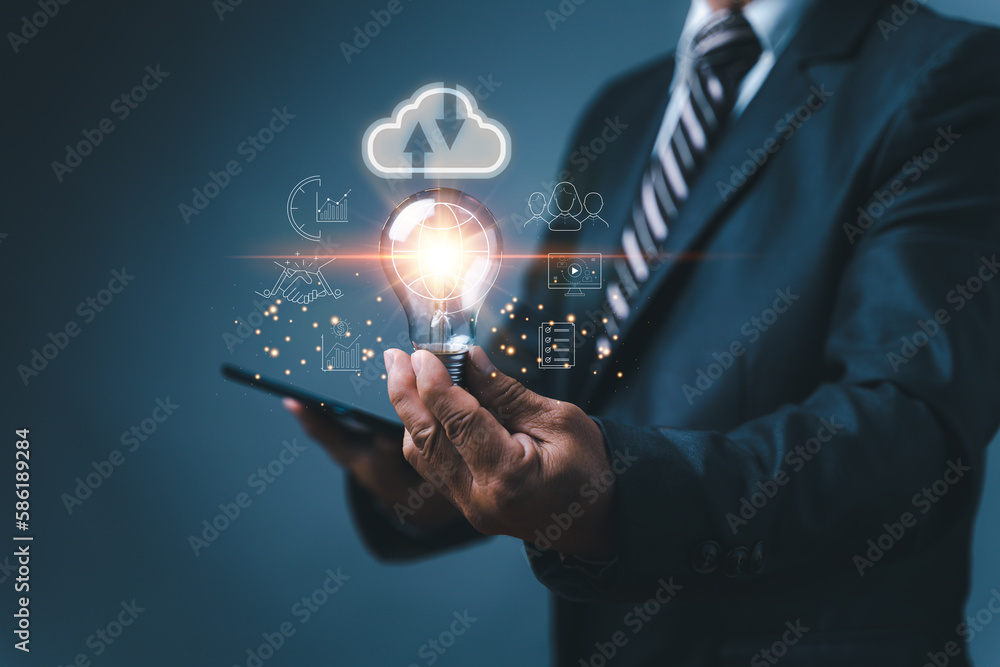Poster man hand holding light bulb global internet connection. business global internet connection applicat