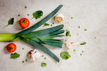 various vegetables over grey stone background