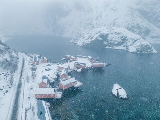 Winter view of Nusfjord town, Norway, Europe. Bright morning scene of Lofoten Islands. Norwegian seascape. 