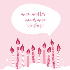 Happy birthday postcard with candles, vector illustration with golden glitter.