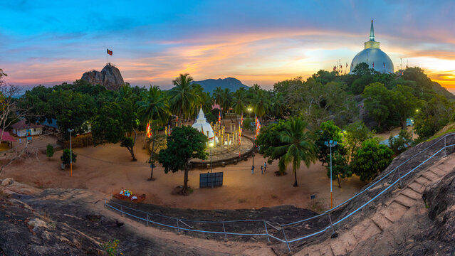 Sunset view of Maha stupa at Mihintale buddhist site in Sri Lanka