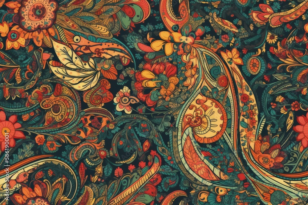 Poster illustration of colorful flowers and leaves on a black background created with generative ai technol