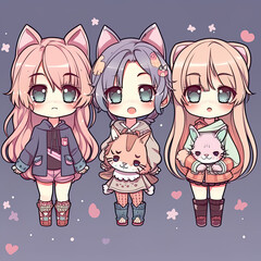three kawaii chibi anime girl, funny. Generative ai