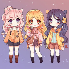 three kawaii chibi anime girl, funny. Generative ai
