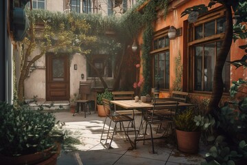 Plakat a painting of a patio with a table and chairs and potted plants on the side of the building and a potted tree in front of the building. generative ai