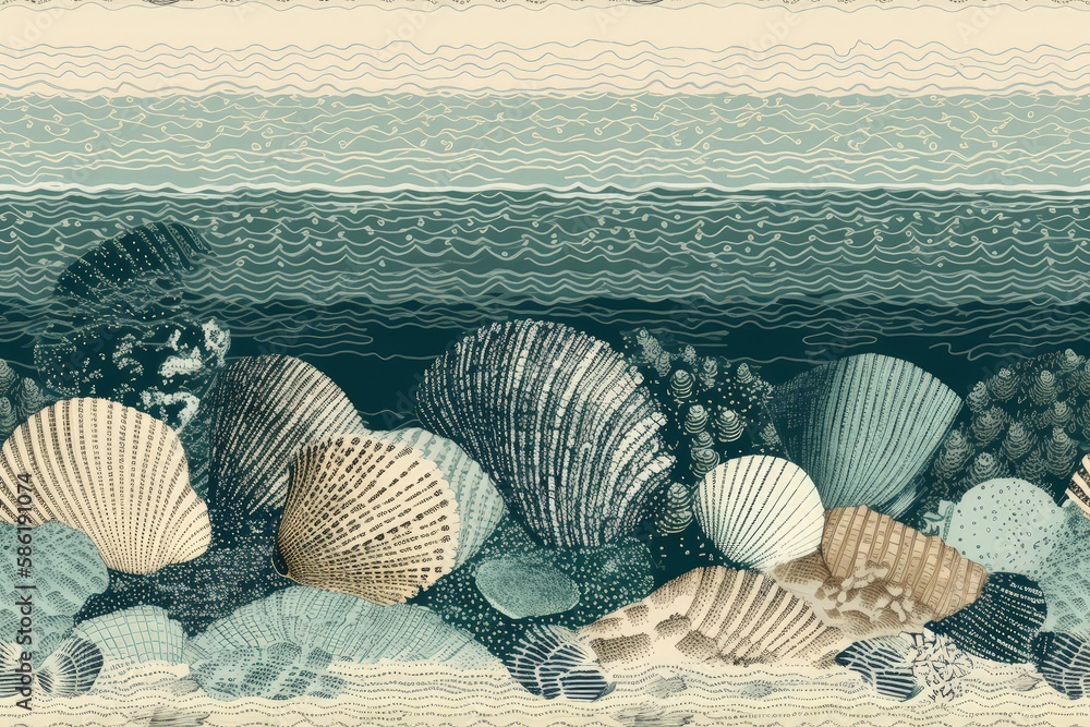 Aufkleber illustration of seashells scattered on a sandy beach with ocean waves in the background created with