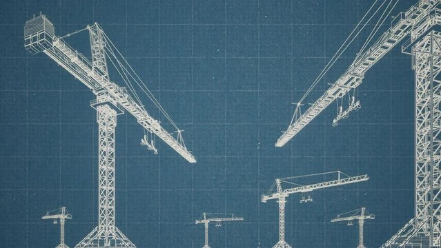 An animated blueprint showcasing multiple Tower Cranes in motion - seamless looping.