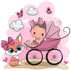 Obraz na płótnie Canvas Baby Girl with baby carriage and Fox
