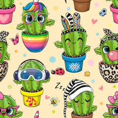 Seamless Pattern with cute cacti