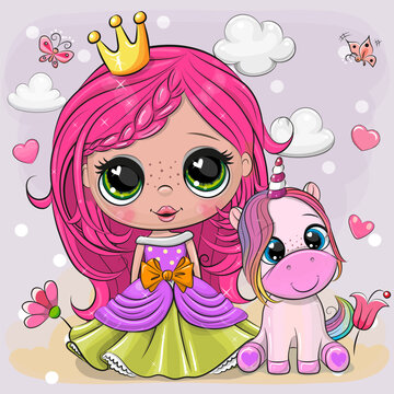 Cute Cartoon fairy tale Princess with pink hair and Unicorn