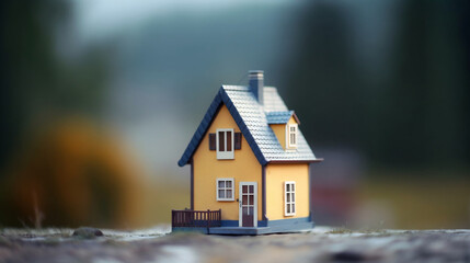 cute minimalist house using a tilt-shift lens with a bokeh nature background. royal estate communication. generative AI illustration