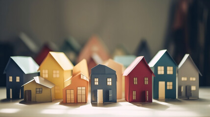 cute paper art of tiny minimalist houses area using a tilt-shift lens. real estate communication. generative AI illustration.