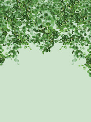 Green paper with a motif of eucalyptus leaves and twigs. Universal background with space for text or title.