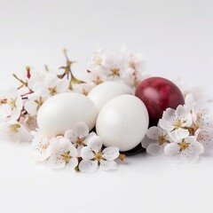 Easter bright scene, easter eggs, blooming flowers, white background