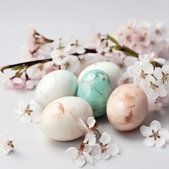 Obraz na płótnie Canvas Easter white eggs with cherry blossom on the white background