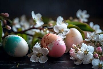 Obraz na płótnie Canvas Easter eggs with flowers, blossom