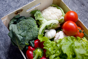various vegetables over grey stone background