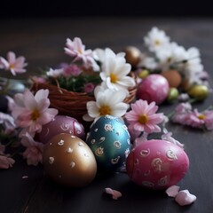 Obraz na płótnie Canvas Decorative eggs with beautiful white and pink flowers 