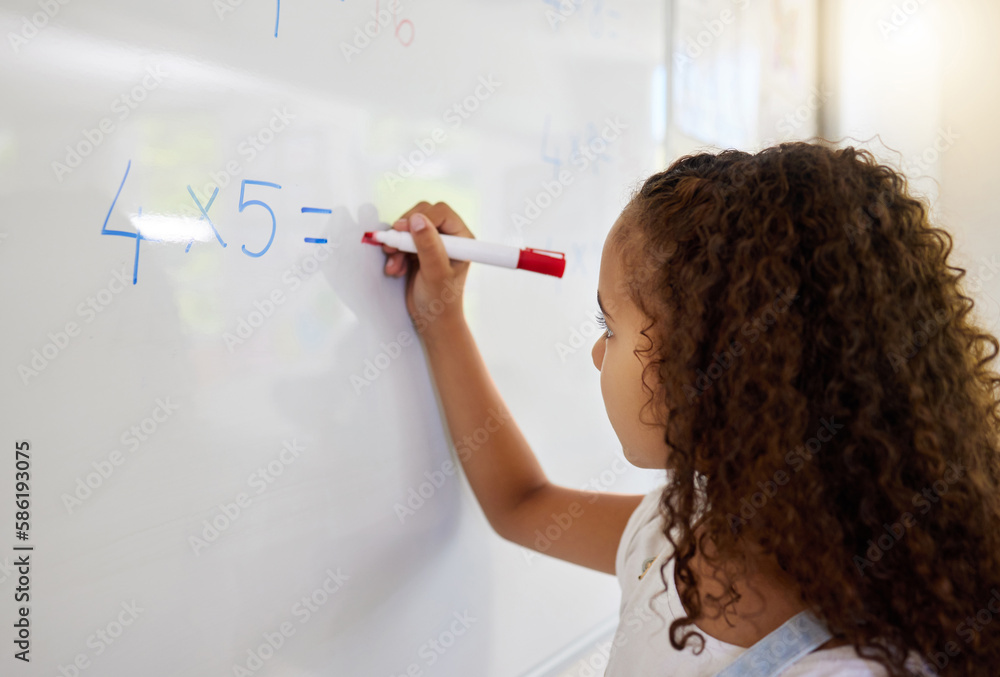 Poster whiteboard, math and girl writing for learning, studying and education in classroom. development, ma