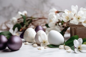 White and violet eggs with blossom cherry branch