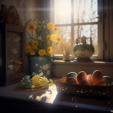 Easter Scene In The Kitchen, Eggs, Bouquet Of Flowers