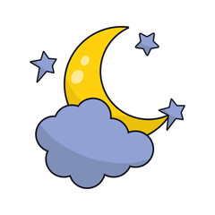 Vector design of crescent moon, stars and cloud on white background.