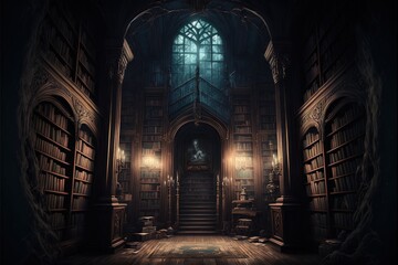 Dark library. AI generated