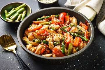 Chicken stir fry with vegetables and sesame in the skillet. Close up.