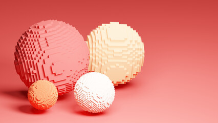 3D rendering of children sphere toys from constructor. Child development in intellectual games and construction in school and kindergarten. Realistic illustration on pastel background