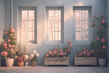 Background. Windows and flowers in pots. AI generative.