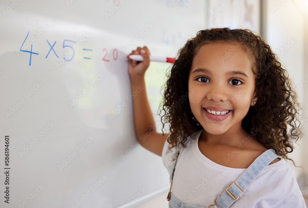 Poster whiteboard, math and portrait of girl learning, studying and education in classroom. development, ma