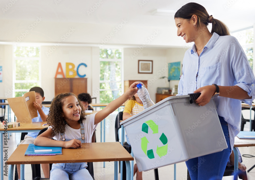 Wall mural Teacher, recycle bin and girl in classroom throwing trash for cleaning, climate change or eco friendly in school. Recycling plastic, learning and education with happy student or kid in kindergarten.