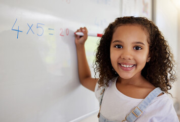 Whiteboard, math and portrait of girl learning, studying and education in classroom. Development,...